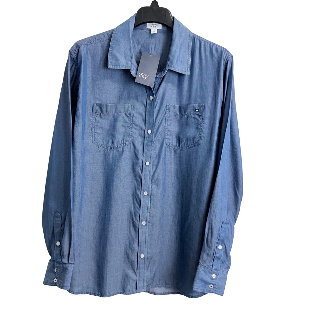 Crown & Ivy Women XL‎ Boyfriend Shirt Med Wash Blue Tencel Lyocell Button Down